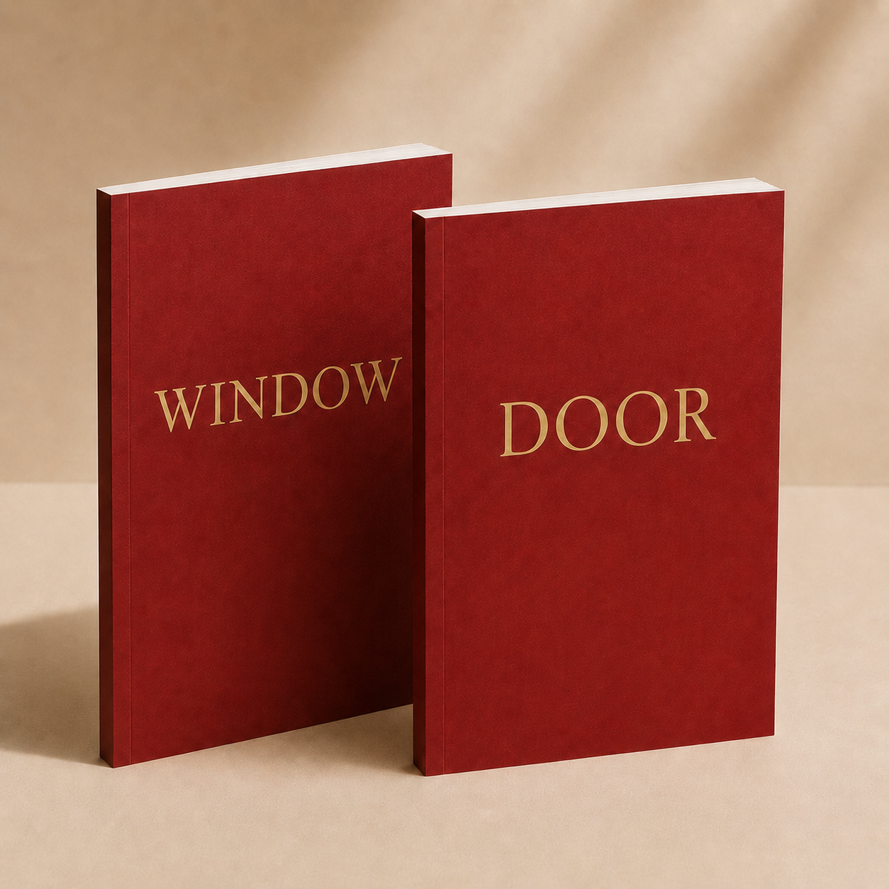 Two red hardcover books standing upright on a beige surface, one labeled "WINDOW" and the other "DOOR" in gold lettering.